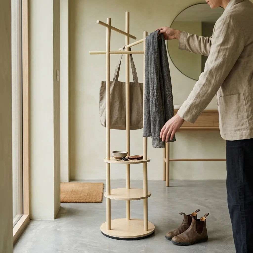 Porte-manteau rotatif en bois avec étagères - Le Spinio