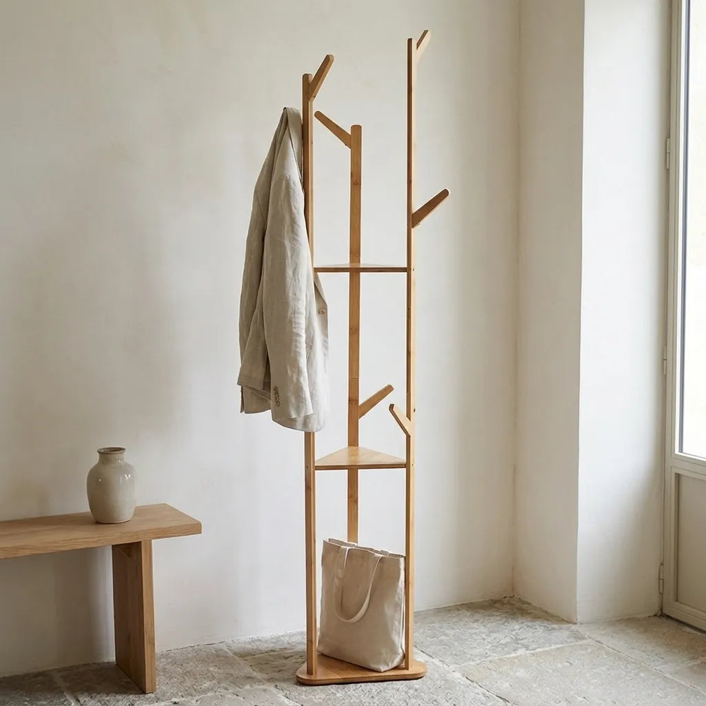 Porte-manteau sur pied arbre en bambou avec étagères - Le Arboreio