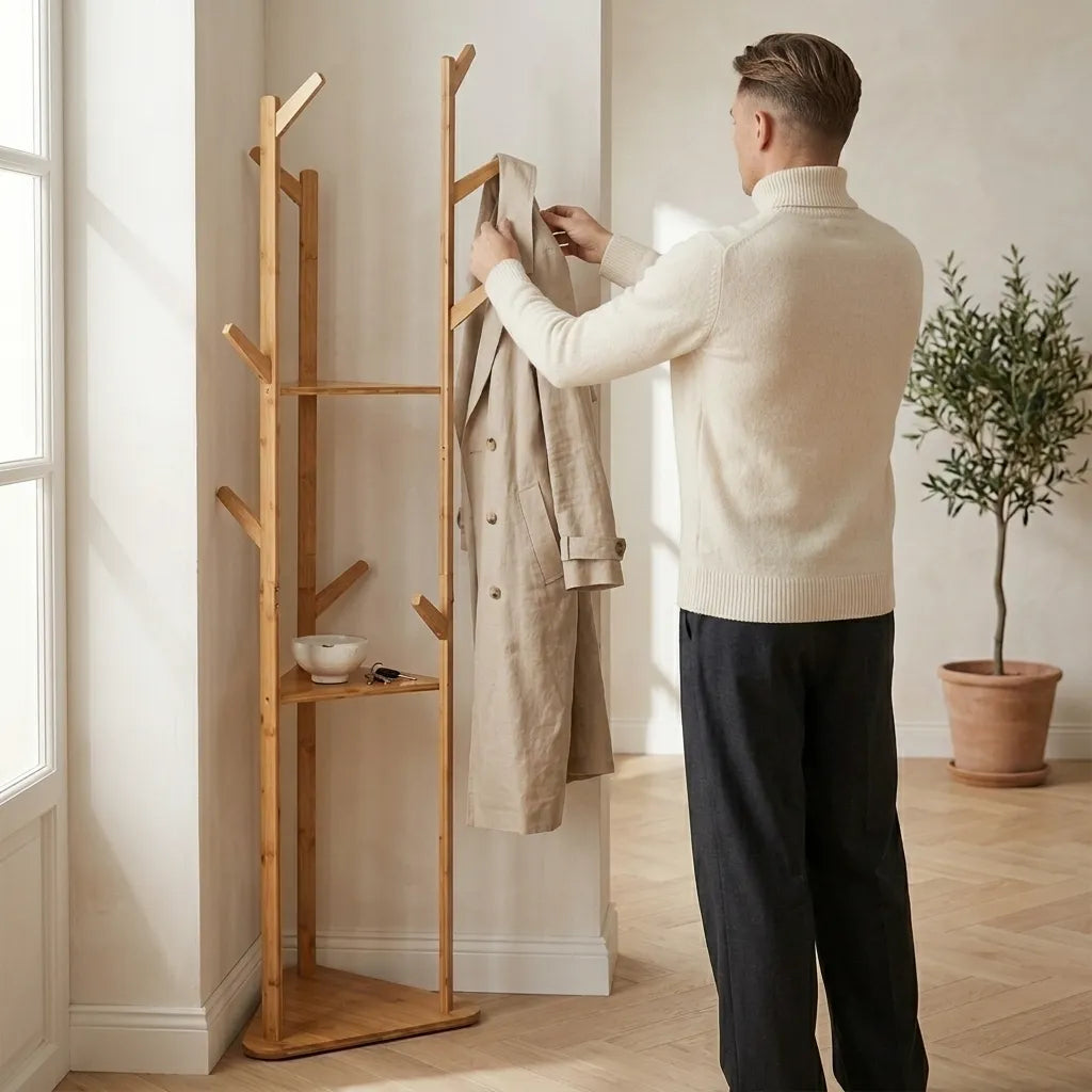 Porte-manteau sur pied arbre en bambou avec étagères - Le Arboreio