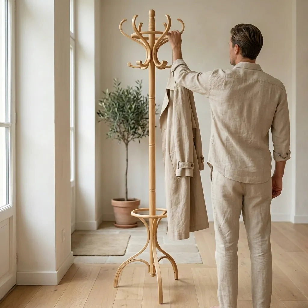 Porte-manteau sur pied rotatif en bouleau style bistrot - Le Bistrio