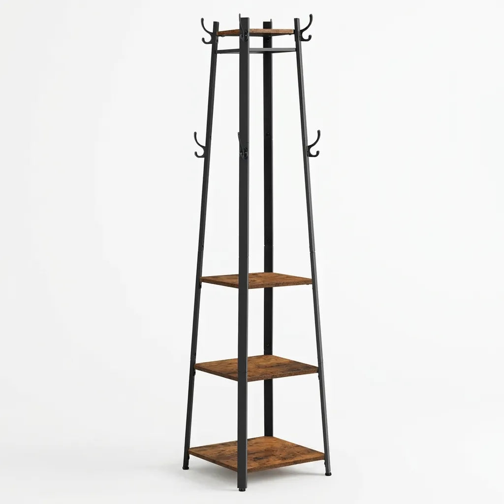 Porte-manteau vestiaire Le Pyramio en bois rustique et métal noir, design industriel et stable.