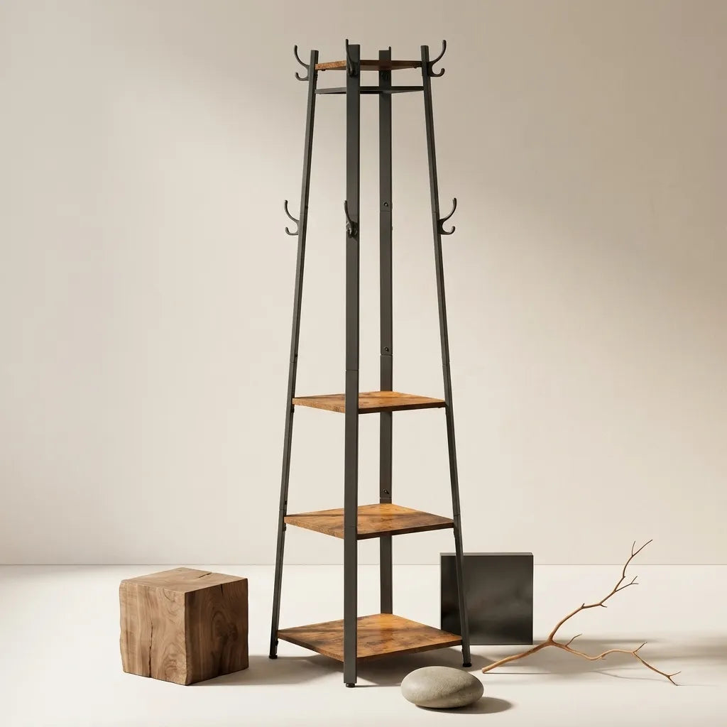 Porte-manteau vestiaire Le Pyramio en bois rustique et métal noir, design industriel et stable.