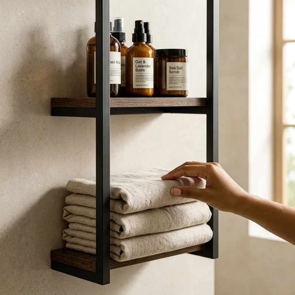 Porte-serviette mural en bois et métal salle de bain 2 niveaux - Le Bathio