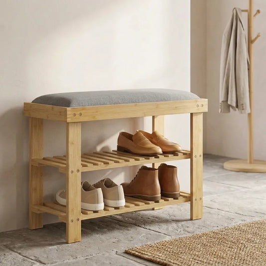 Range-chaussures en bambou 3 niveaux avec assise coussinée - Le Cuscio