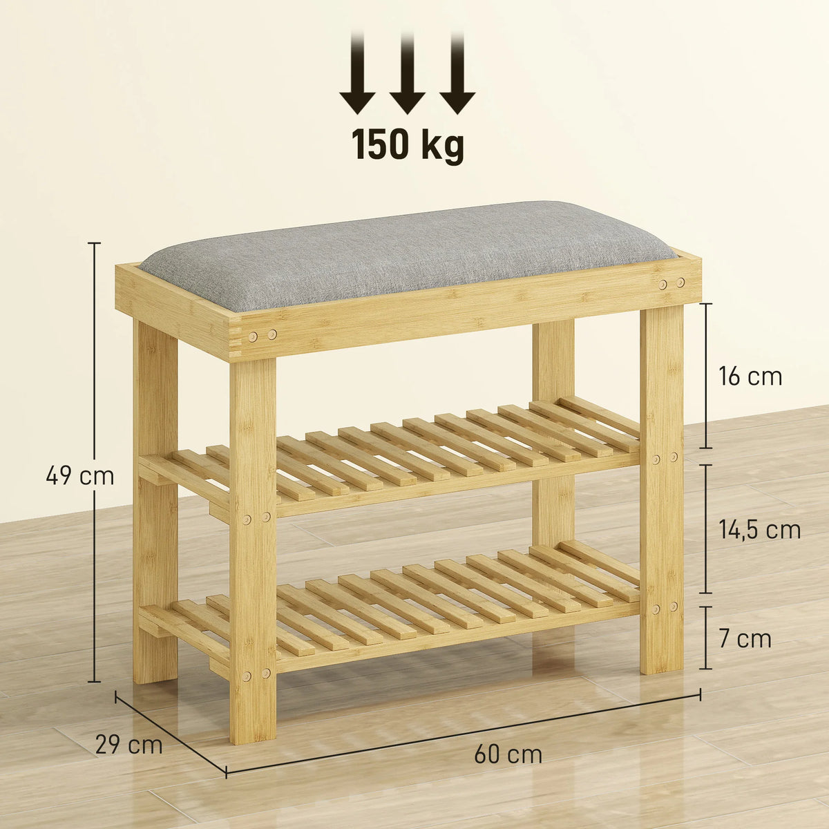 Range-chaussures en bambou 3 niveaux avec assise coussinée - Le Cuscio