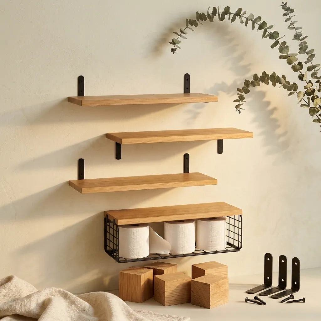 4 étagères murales en bois avec panier métal - Le Wirio