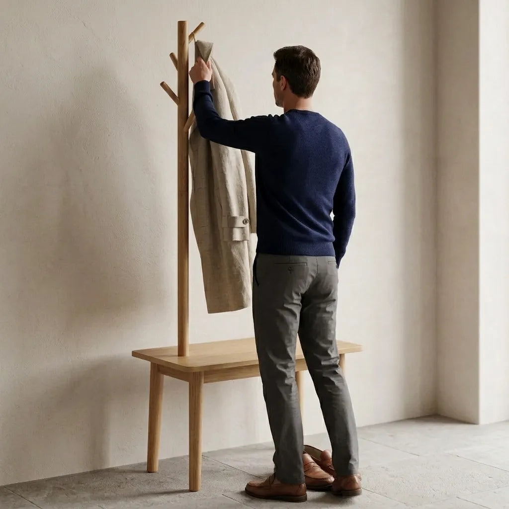 Table d'appoint 2-en-1 avec arbre à crochets en bois massif - Le Duetio